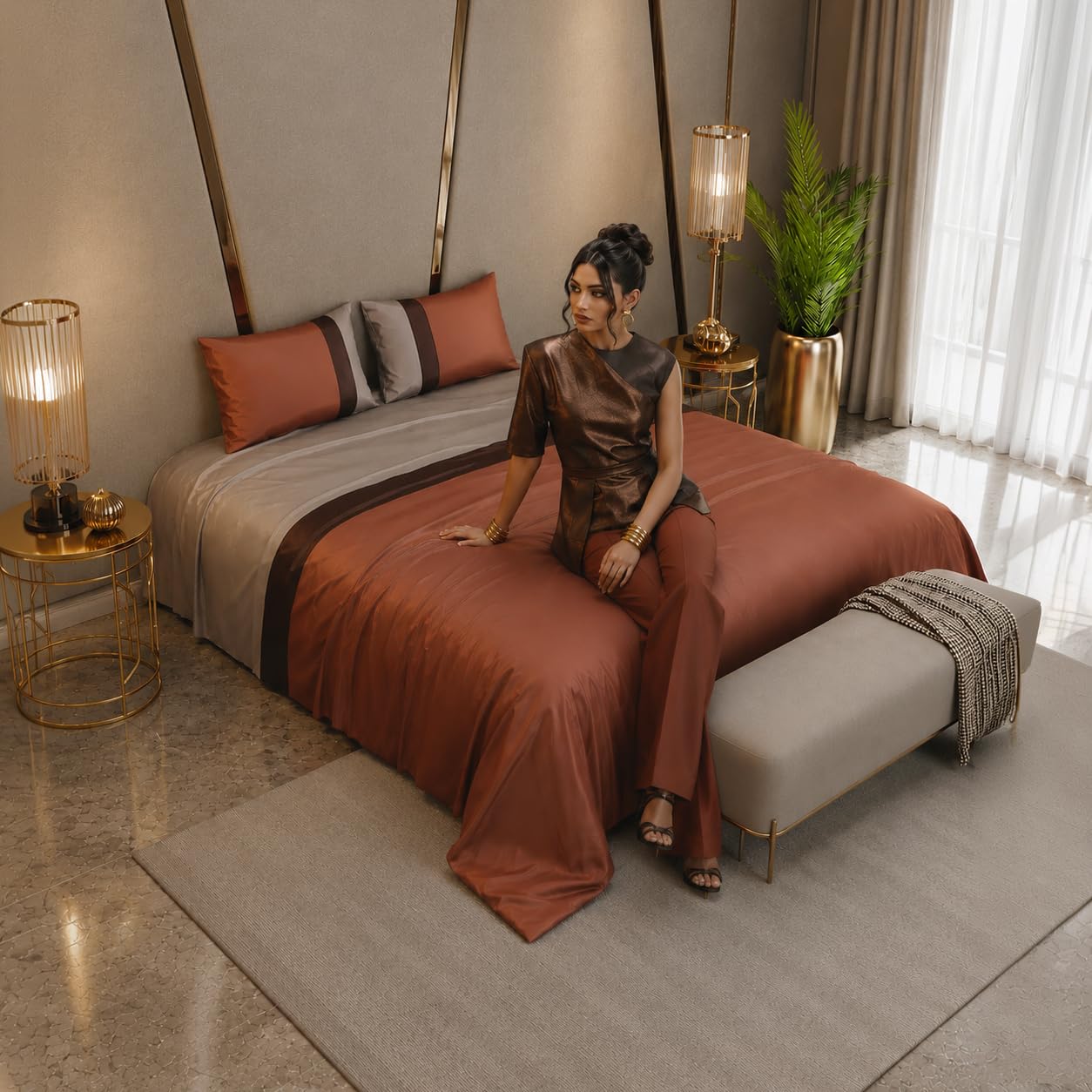 Stoa Paris 300TC UltraSatin Super King Bedsheet with 2 Pillow Covers, Hypoallergenic, Breathable, Gentle on Skin & Hair, Fade & Wrinkle Resistant, Wedding Gift for Couples, Vogue - Champagne, Wine-picture-24