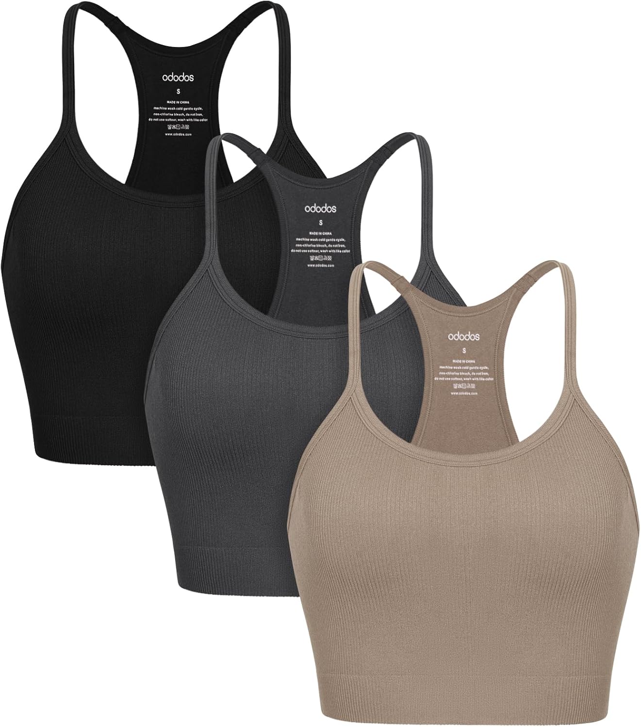 ODODOS Seamless Racerback Sports Bra for Women Ribbed Camisoles Non Padding Yoga Bra Crop Tank Tops