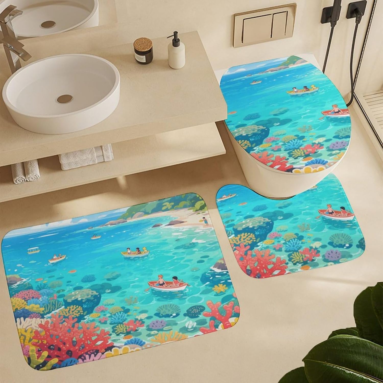 Coral Reef Bay Bath Rug Set 4 Piece,Bathroom Accessories Set-Toilet Rugs U Shaped,Toilet Lid Cover,Shower Curtain and Rugs,Ultra Soft, Absorbent,Home Decor