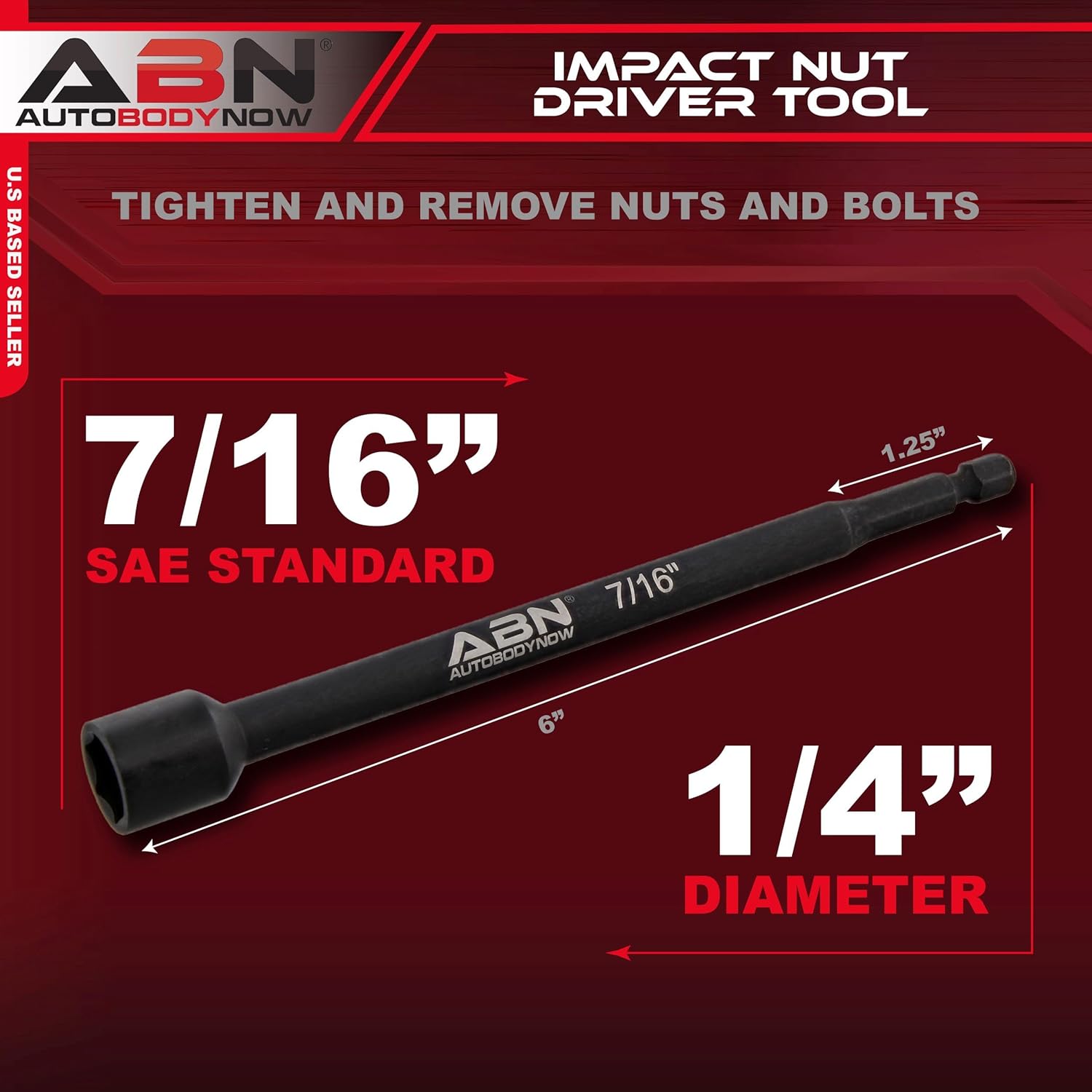 ABN 7/16 IN Impact Nut Driver Tool - SAE 6 IN Long Shank Nut Driver Bits Magnetic Tip Sockets, 1/4 IN Hex Shank