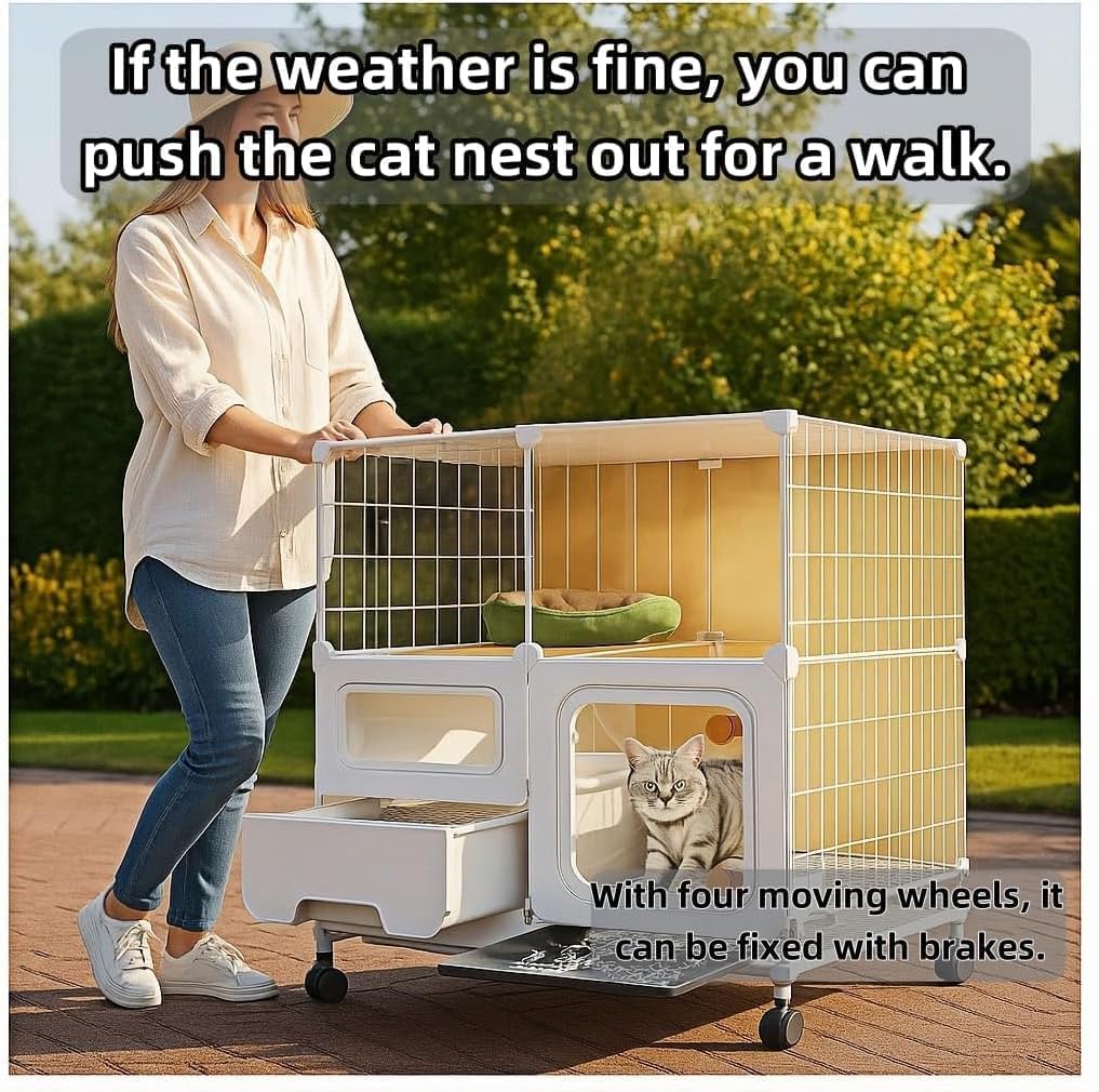 Indoor cat cage with Litter Box, Complimentary Cat Bed, Bow,lcat House with Wheels Outdoor,Large cat Villa Playpen, Small Animal Dog Kennel cat enclosures (42″(L) x18.2″(W) x46.2″(H))