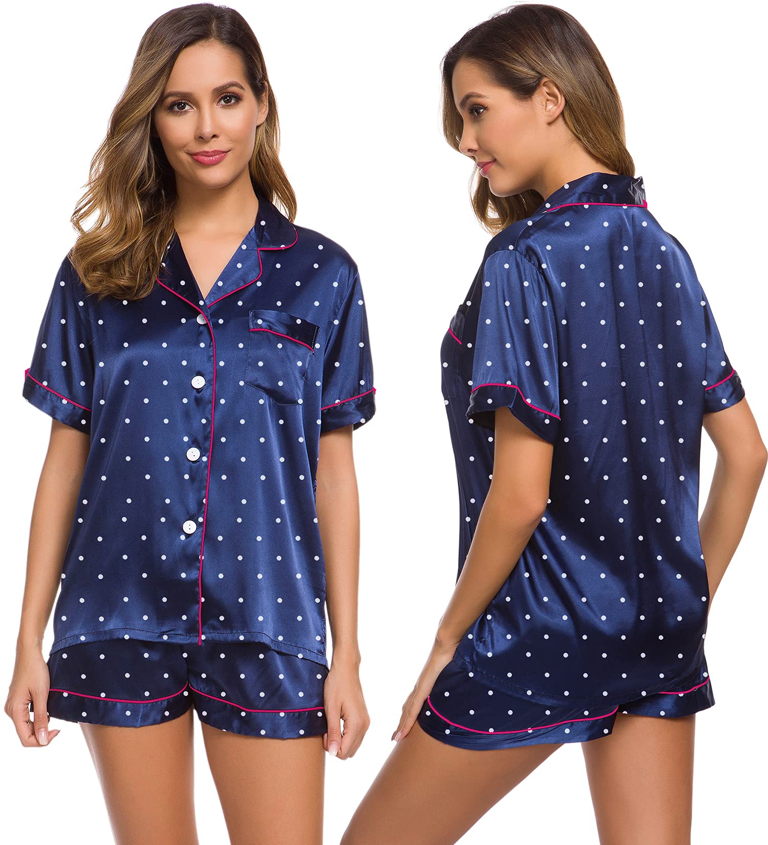 LecGee Womens Silk Satin Pajamas Short Sleeve Loungewear Two-Piece Sleepwear Button-Down Pj Set