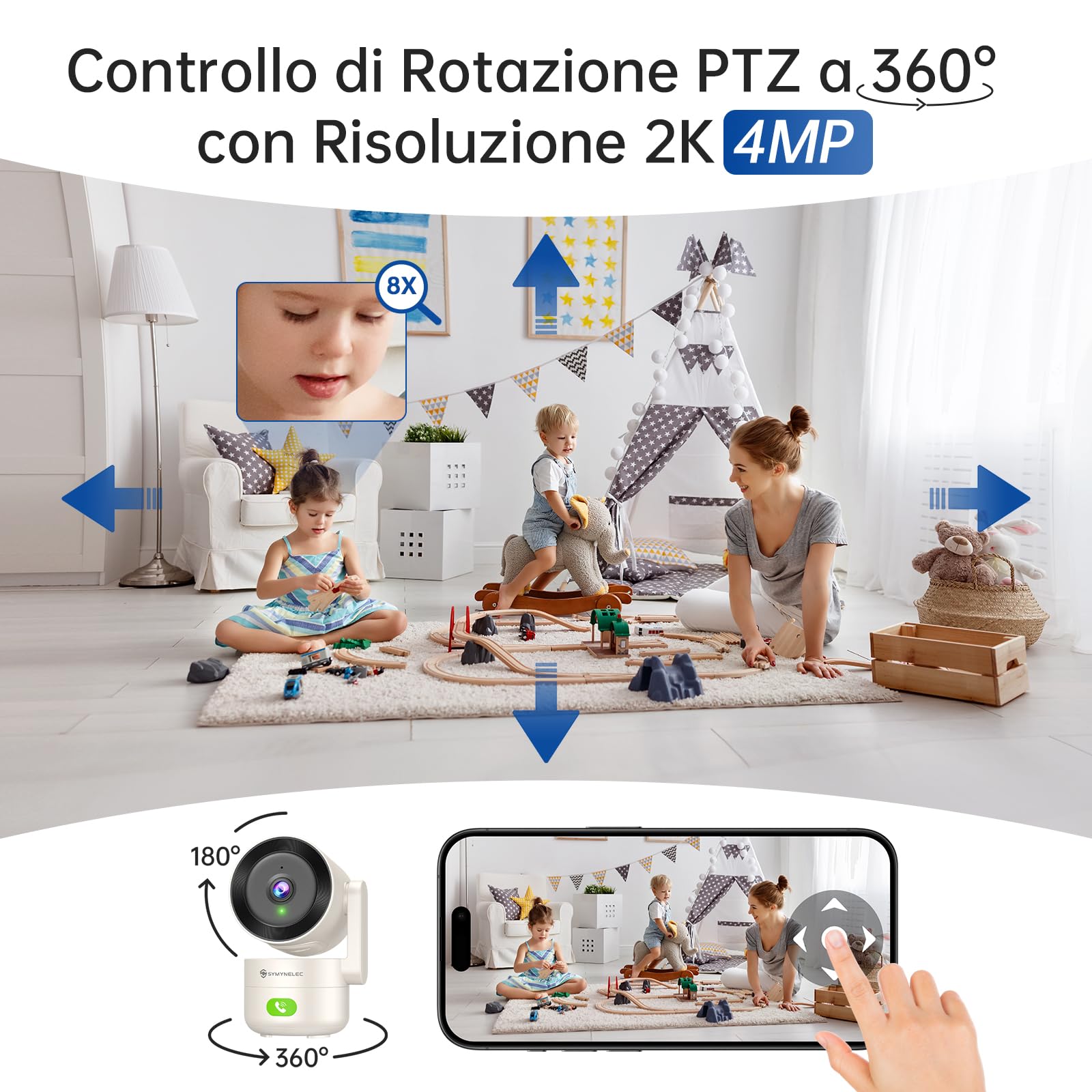 SYMYNELEC 2K 4MP Telecamera WiFi da Interno 5GHz/2,4GHz, Rotazione 360° | Videocamera di Sorveglianza, Rilevamento Movimento, Visione Notturna, Audio Bidirezionale, Compatibile con Alexa, 2pcs