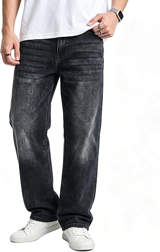 JMIERR Men's Baggy Denim Pants Stretch Wide Leg Jeans, M Black