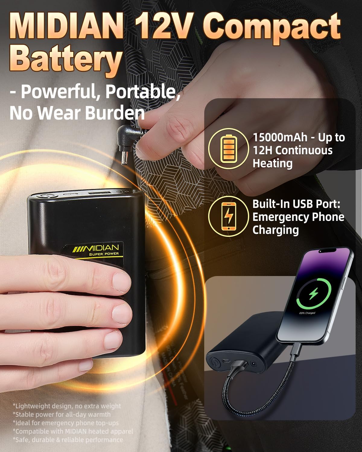 Heated Jacket for Men 12V Battery 5 Large Heat Zones Soft Shell Heating Coat Overheat Protection & Detachable Hood - Image 4