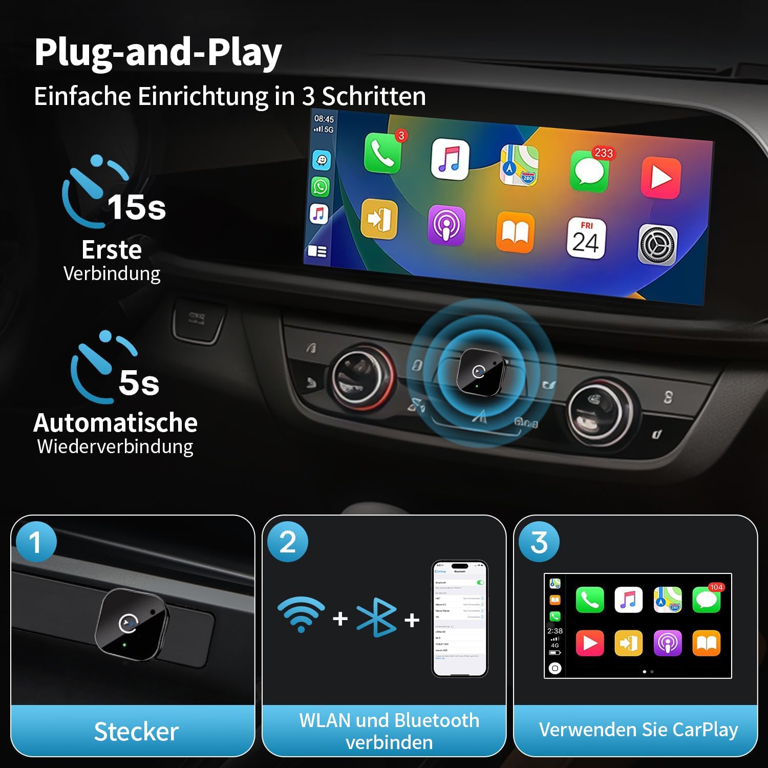 2025 Upgraded Wireless CarPlay Adapter – Bluetooth 5.3 & WiFi 6, Plug & Play USB-A mit USB-C Adapterkabel, stabile kabellose Verbindung ohne Verzögerung, kompatibel mit iPhone Android