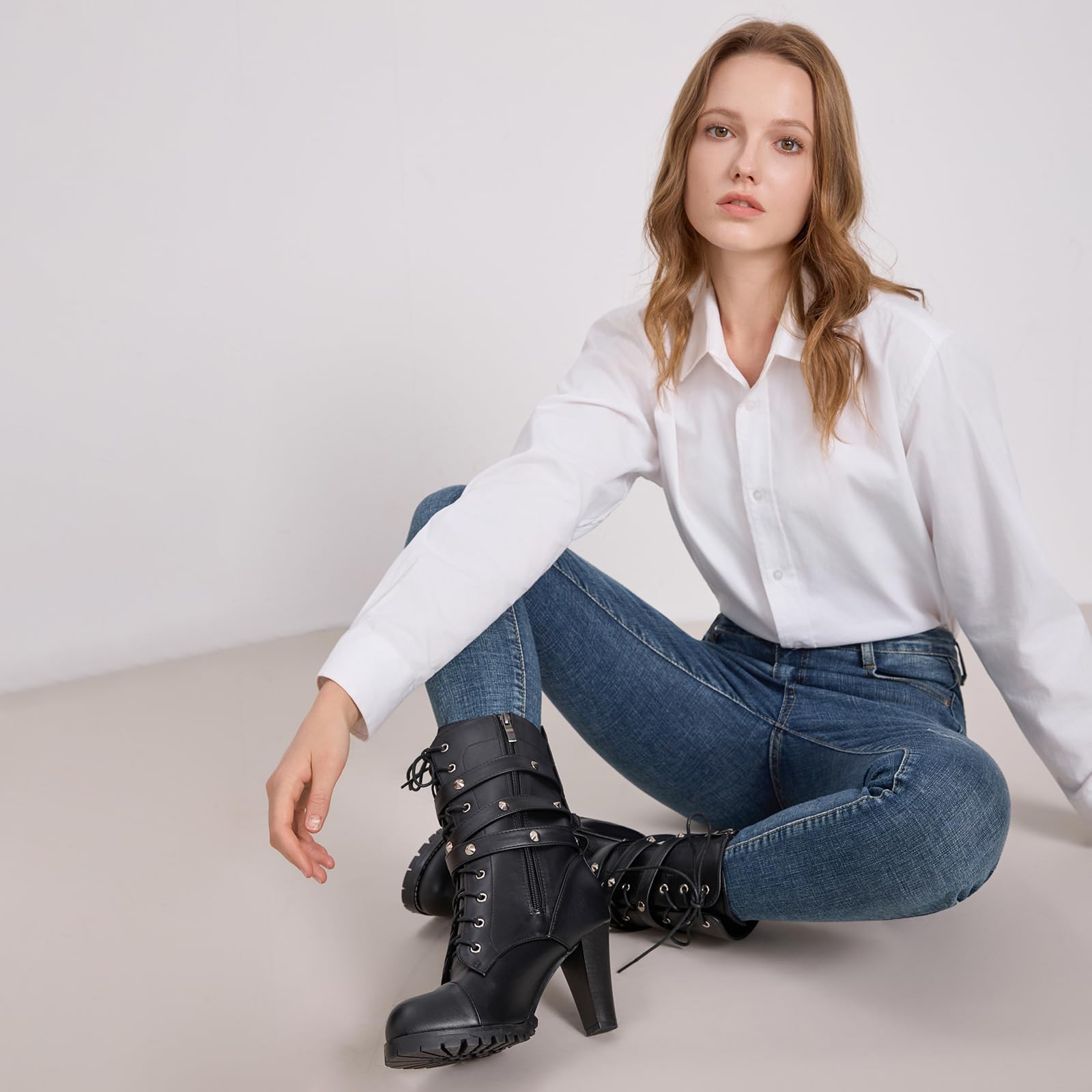 Susanny High Heel Boots for Women,Womens Platform Boot Heels Sexy Round Toe Lace UP High Heels Mid Calf Boots: 11 Black-m