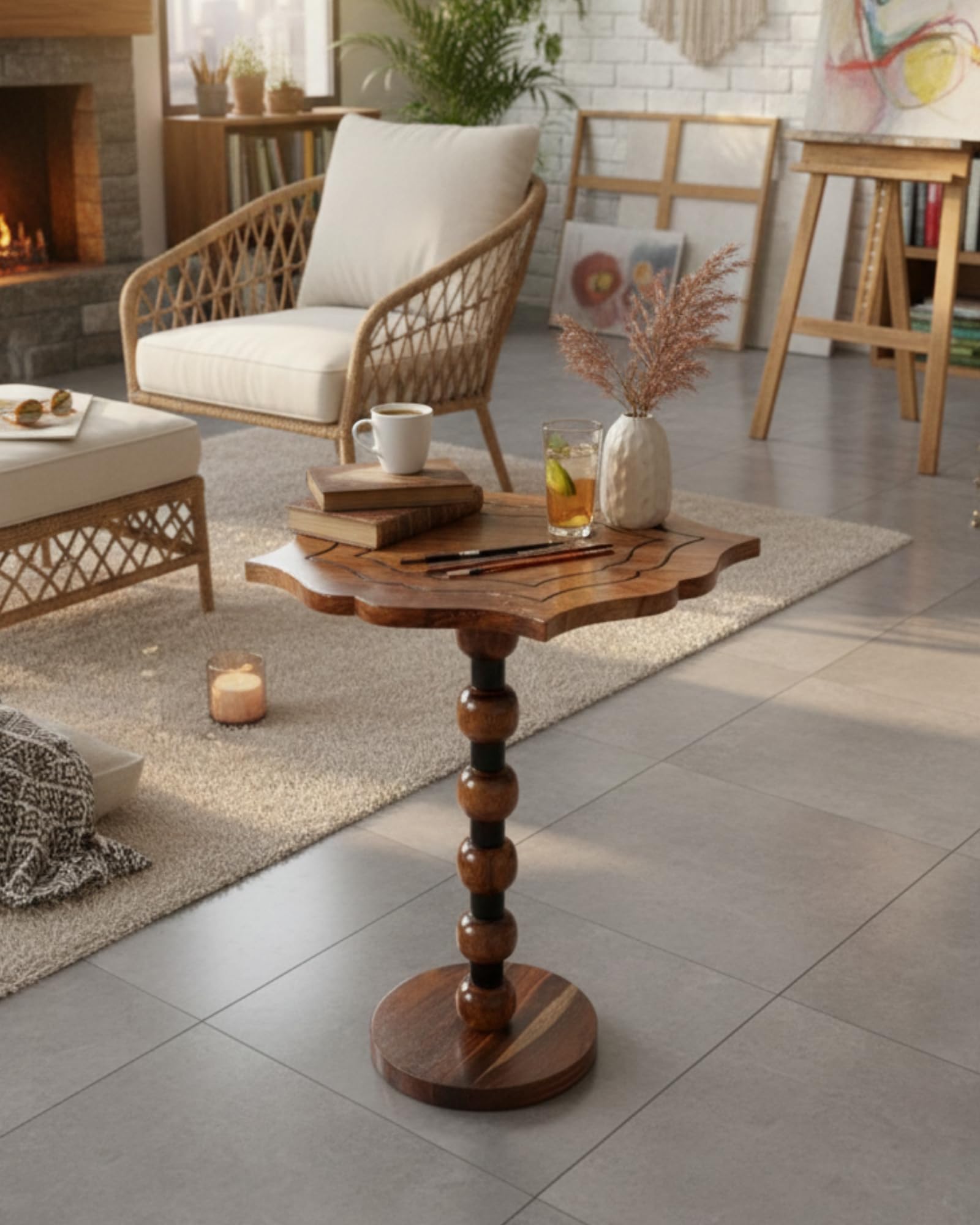 Sheesham Wood Designer Side Table | Solid Wooden Pedestal Accent Table | Handcrafted End Table for Living Room Bedroom Home Décor-image-46