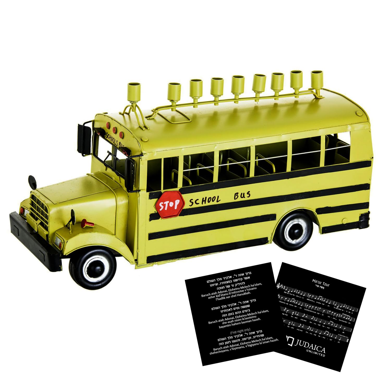 Yellow Metal School Bus Hanukkah Menorah - Unique Jewish Gift for Chanukah - Fits Standard Candles - 14