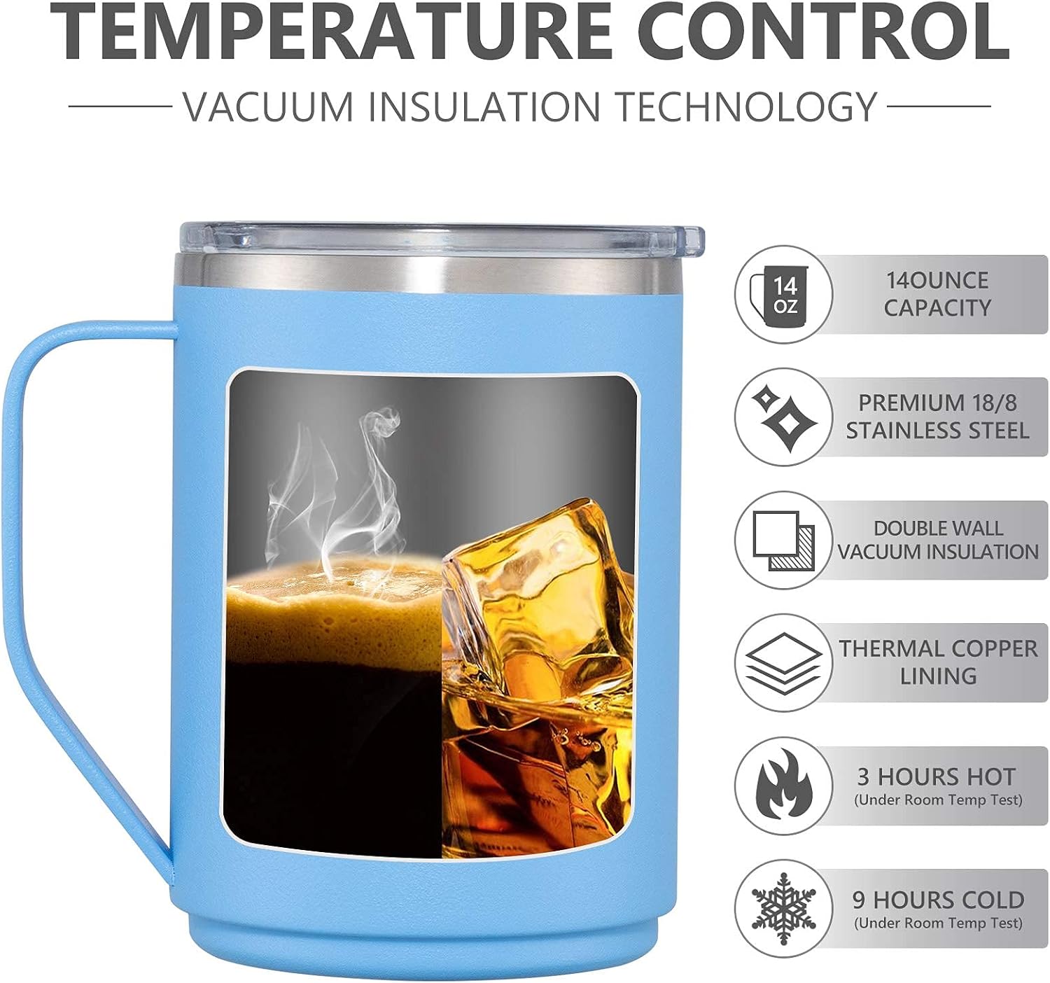 EAF Stainless Steel Coffee Mug with Lid and Handle, Vacuum Insulated Thermal Coffee Mug for Men, 14 oz Double Walled To Go Mugs for Hot Cold Drinks - Blue