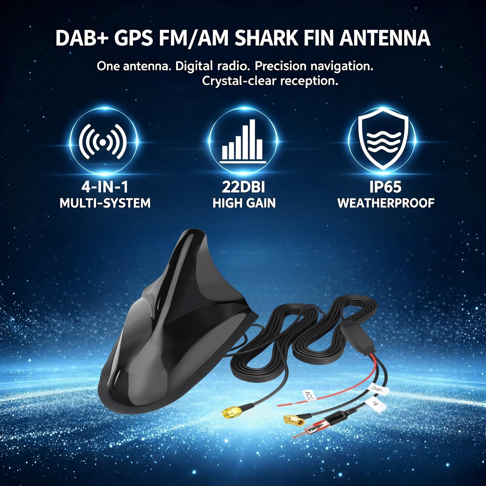 Antenne Requin Dab FM/AM GPS Amplifiée – 5m Câble SMB DIN SMA