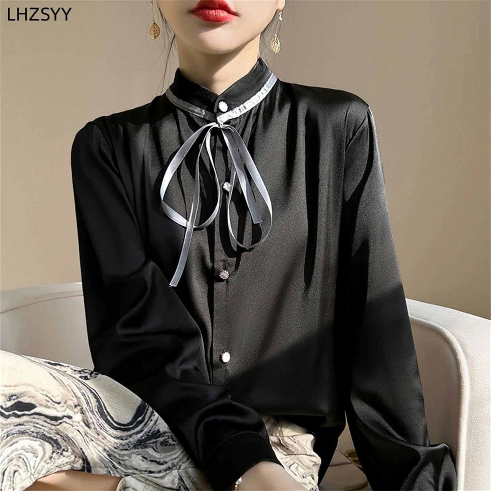 Bluse Damen Cardigan Stehkragen Satin Shirt Frauen Frühling Stil Bluse Langarm Top-Weiss-m