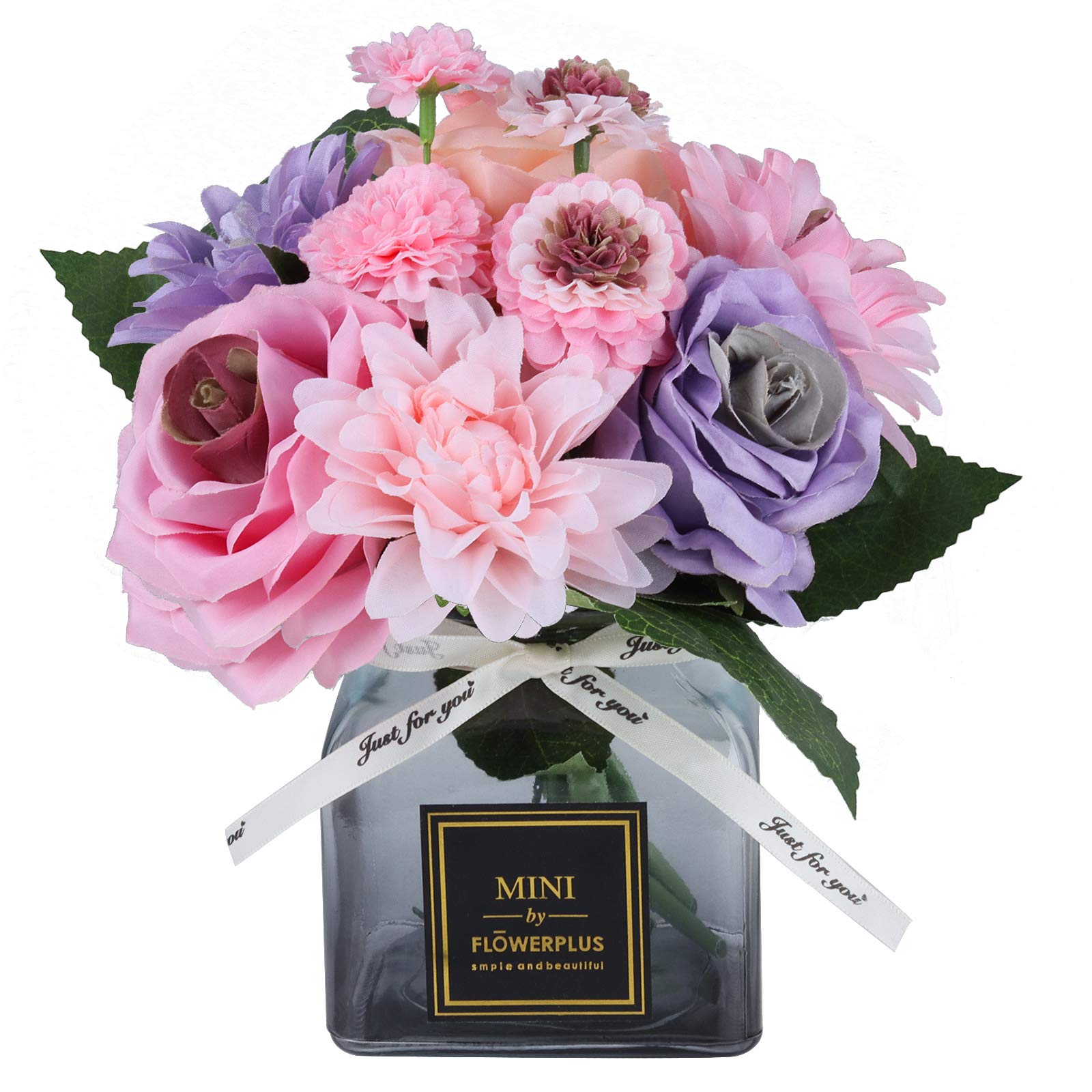 Artificial Rose Flower and Glass vase, Ins Style Artificial Flower Glass Bottle Set, Suitable for Living Room, Dining Table, Office, Wedding, Hotel Banquet and Other Home Decoration. (Dahlia Purple)……