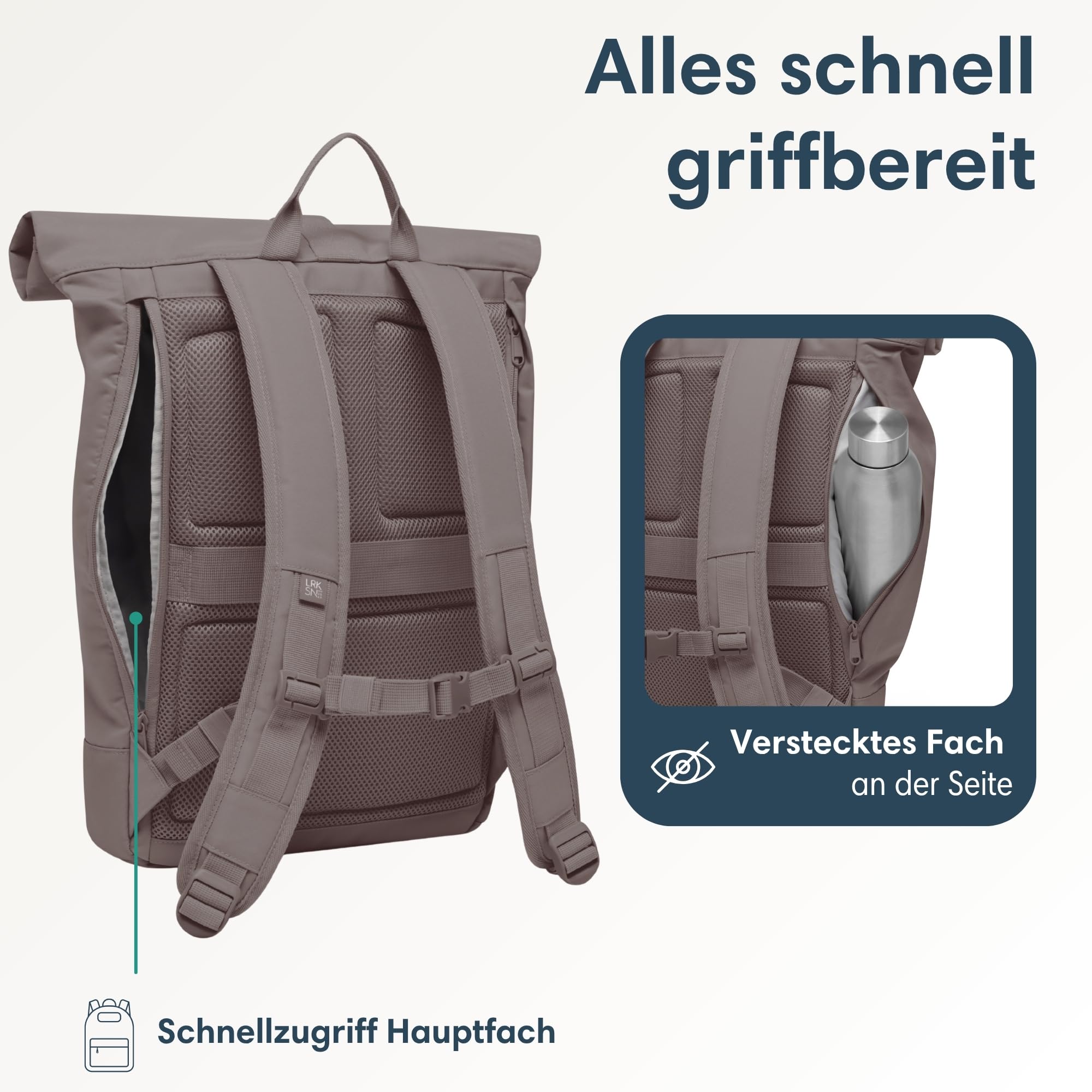 LARKSON Rucksack Damen & Herren Braun - Janne - Rolltop Rucksack mit Laptopfach für Uni, Arbeit, Reise & Fahrrad - Backpack Tagesrucksack Mittelgroß - Wasserabweisend