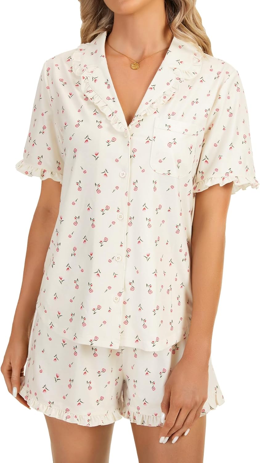 LYANER Women's Pajama Set Floral Print Ruffle Short Sleeve Button Down Sleepwear Cute Shorts