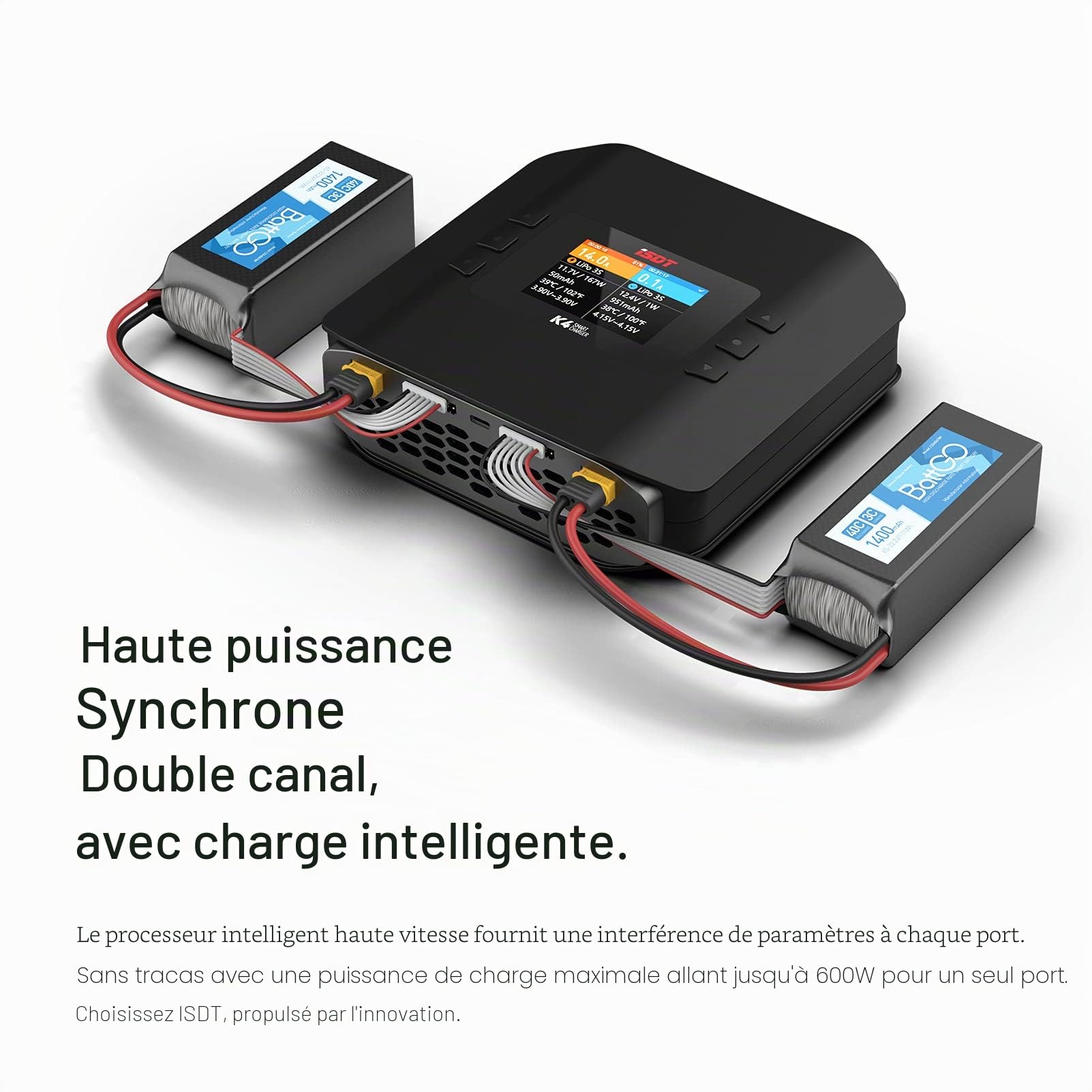 ISDT K4 Lipo Batterie Balance Chargeur Déchargeur AC 400W / DC 600Wx2 Dual Canal pour modèles RC Life/ Lilon/ LiPo 1-8S/ LiHv/ Pb/ NiMH Écran LCD numérique Contrôle APP Bluetooth (EU plug)