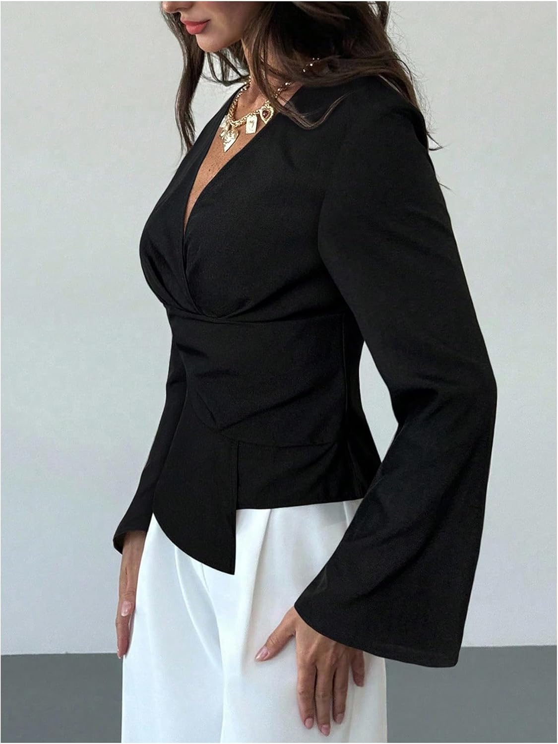 SweatyRocks Women's Wrap Asymmetrical Cinched Waist Tops Dressy Casual V Neck Pleated Business Work Blouses - Image 5