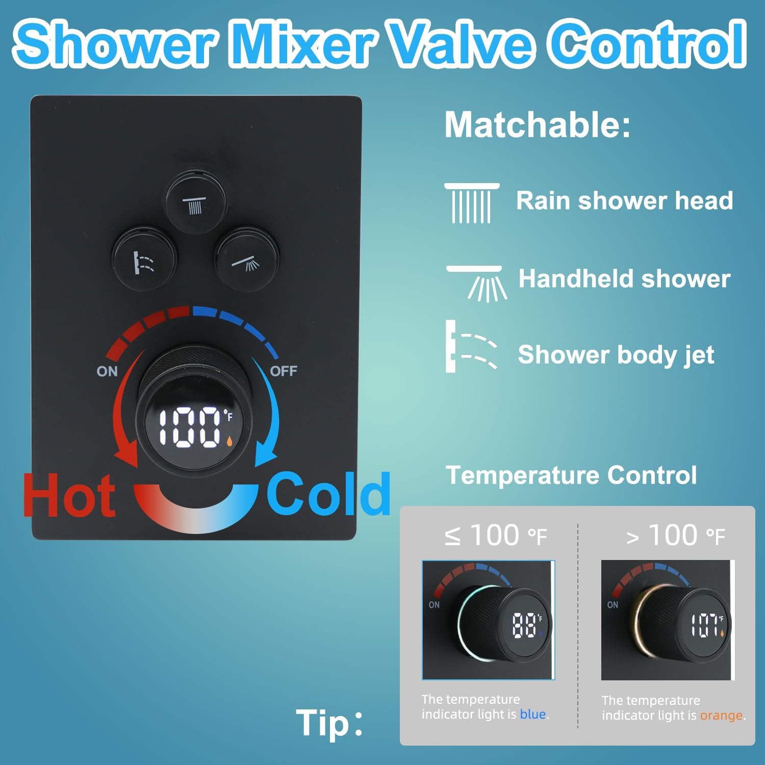 Shower mixer valve control panel showing temperature knob and three function buttons.