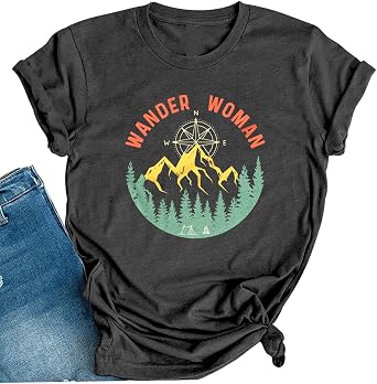 Wander Women Mountain Camping T-Shirt Summer Camping Hiking Vacation Shirts Teen Girls Funny Forest Camper Tees Tops
