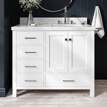 ARIEL Cambridge 42-inch Bathroom Vanity with Sink,Solid Wood, 1.5-inch Italian Carrara Marble Countertop, Single Rectangular Porcelain Sink, 2 Soft Closing Doors, 5 Dovetail Drawers, White