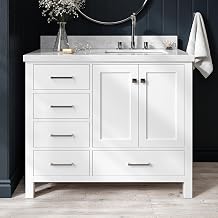 ARIEL Cambridge 42-inch Bathroom Vanity with Sink,Solid Wood, 1.5-inch Italian Carrara Marble Countertop, Single Rectangular Porcelain Sink, 2 Soft Closing Doors, 5 Dovetail Drawers, White