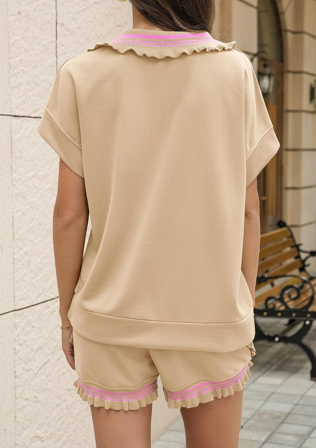 Aoysky 2 Piece Outfits Short Sets for Women Sweatsuit Casual Tracksuits Summer Half Zip Ruffle Tops Matching Sets - Image 4