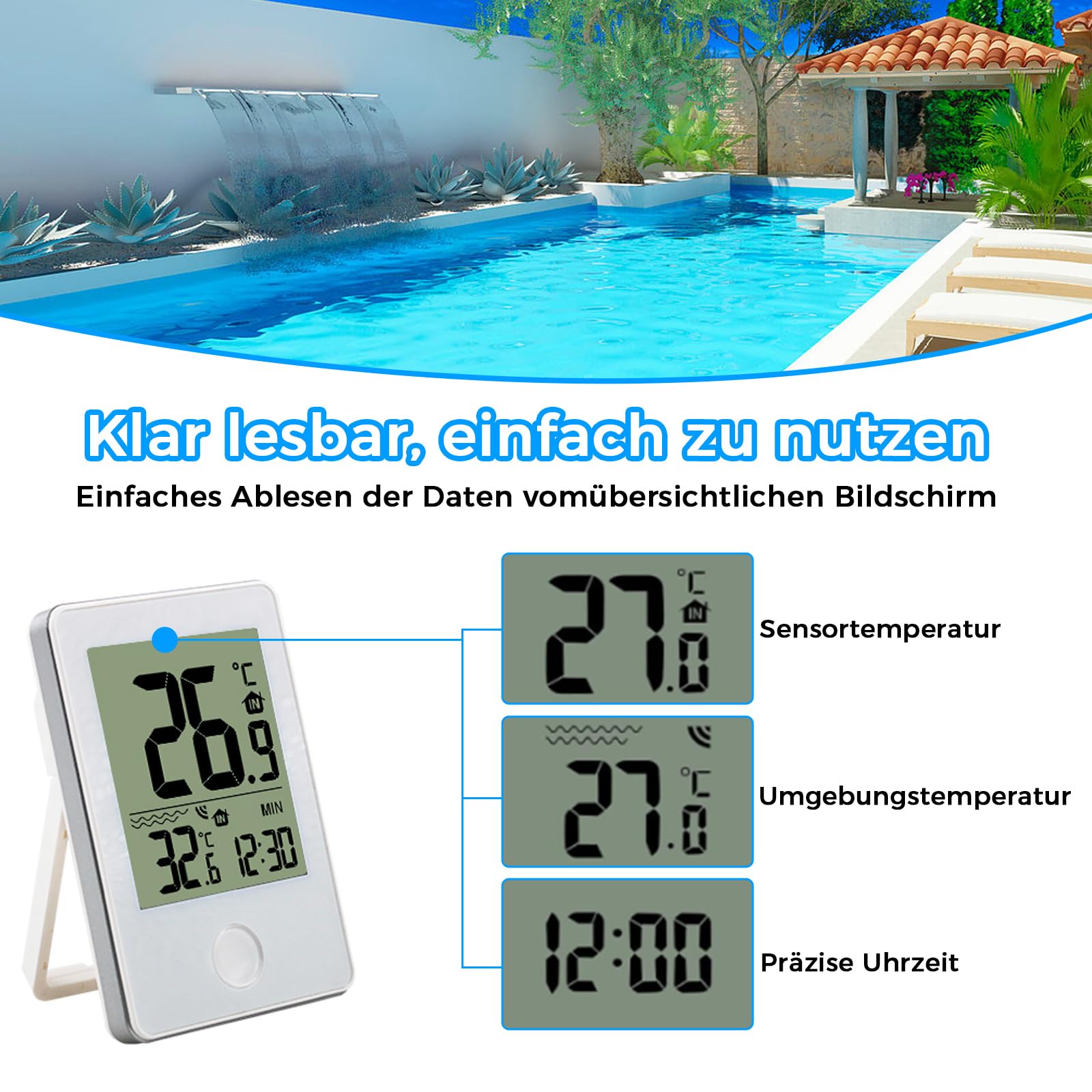 Termometro per piscina, termometro per interni ed esterni, termometro per piscina galleggiante, radio con ricevitore digitale per Piscina Spa Acquari Stagni Vasche Bagnetto Neonati