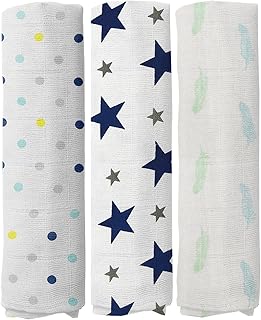 100% Muslin Swaddle Blankets,Baby Swaddling Blankets for New Born, Baby Receiving Blankets Unisex, Soft, Warm and Cosy Baby Blankets Pack of 3, Size 47 x 47 inches,Gift for New Mom Marine Park