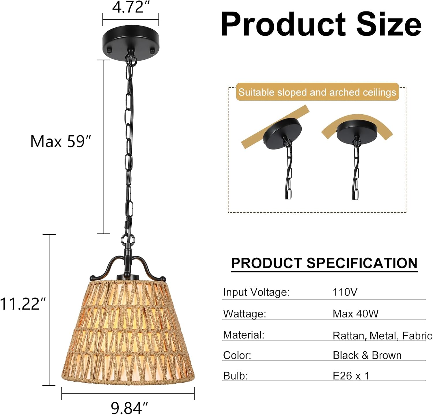 9.84” Boho Rattan Pendant Light for Kitchen Island Mini Modern Vintage Farmhouse Pendant Light Fixture Hand Woven Bamboo Wicker Pendant Lights, Dining Room, Bedroom, Hallway, Entryway, Bars