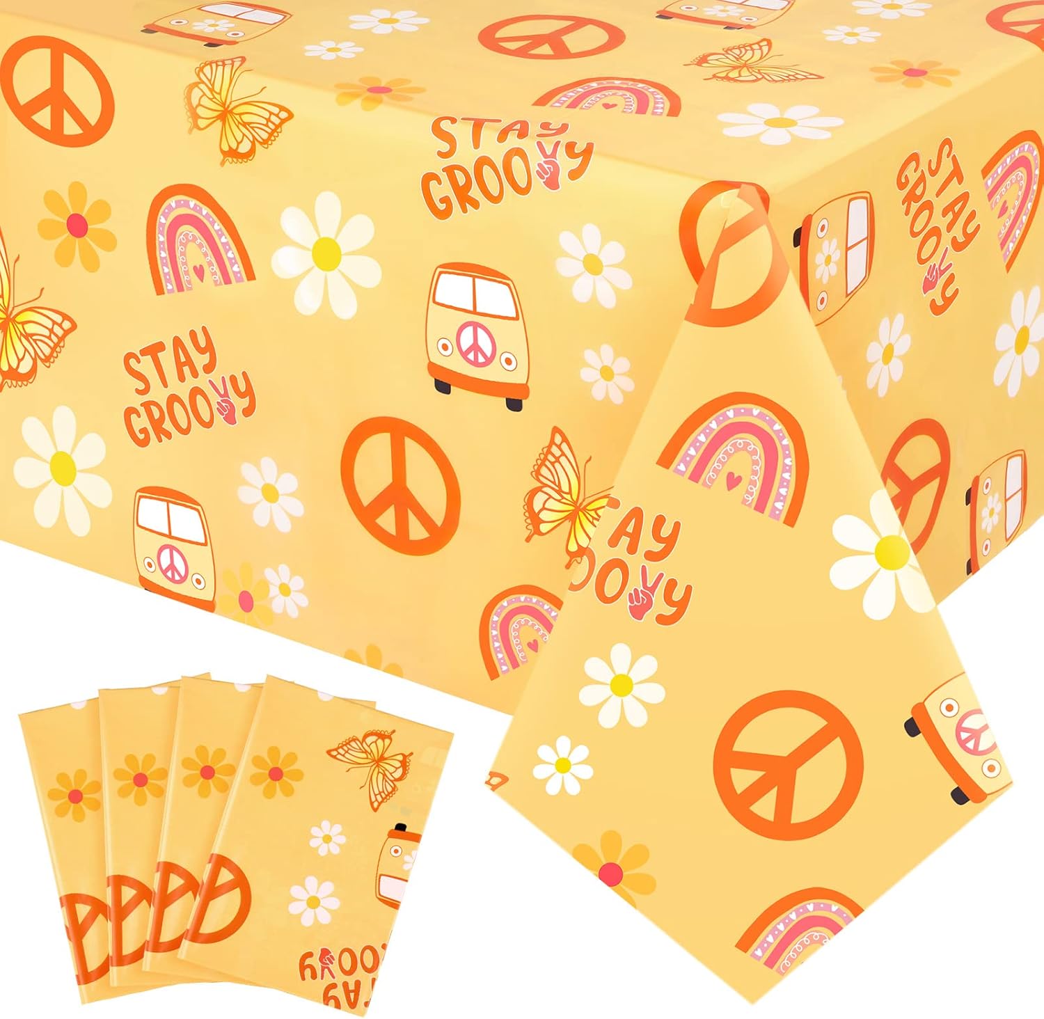 4 Pcs Stay Groovy Tablecloth Retro Hippie Boho Party Table Covers Daisy Flower Bohemian Rainbow Tablecloths Disposable Waterproof Table Cover 60s Theme Birthday Party Decor Supplies (42.5 x 70.8 Inch)