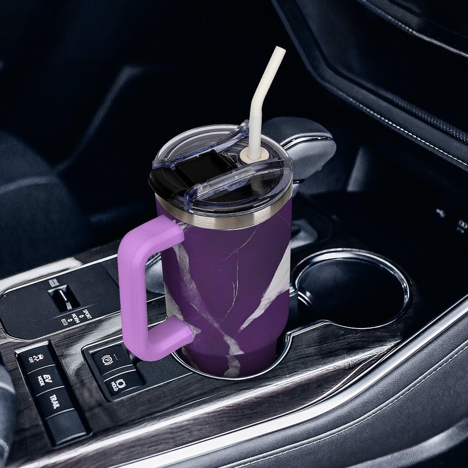 Autobecher aus 304 Edelstahl, 1,2 l, dunkelviolette Textur, Becher mit Strohhalm und auslaufsicherem Deckel, großes Fassungsvermögen, vakuumisolierter Reisebecher für Auto-Becherhalter
