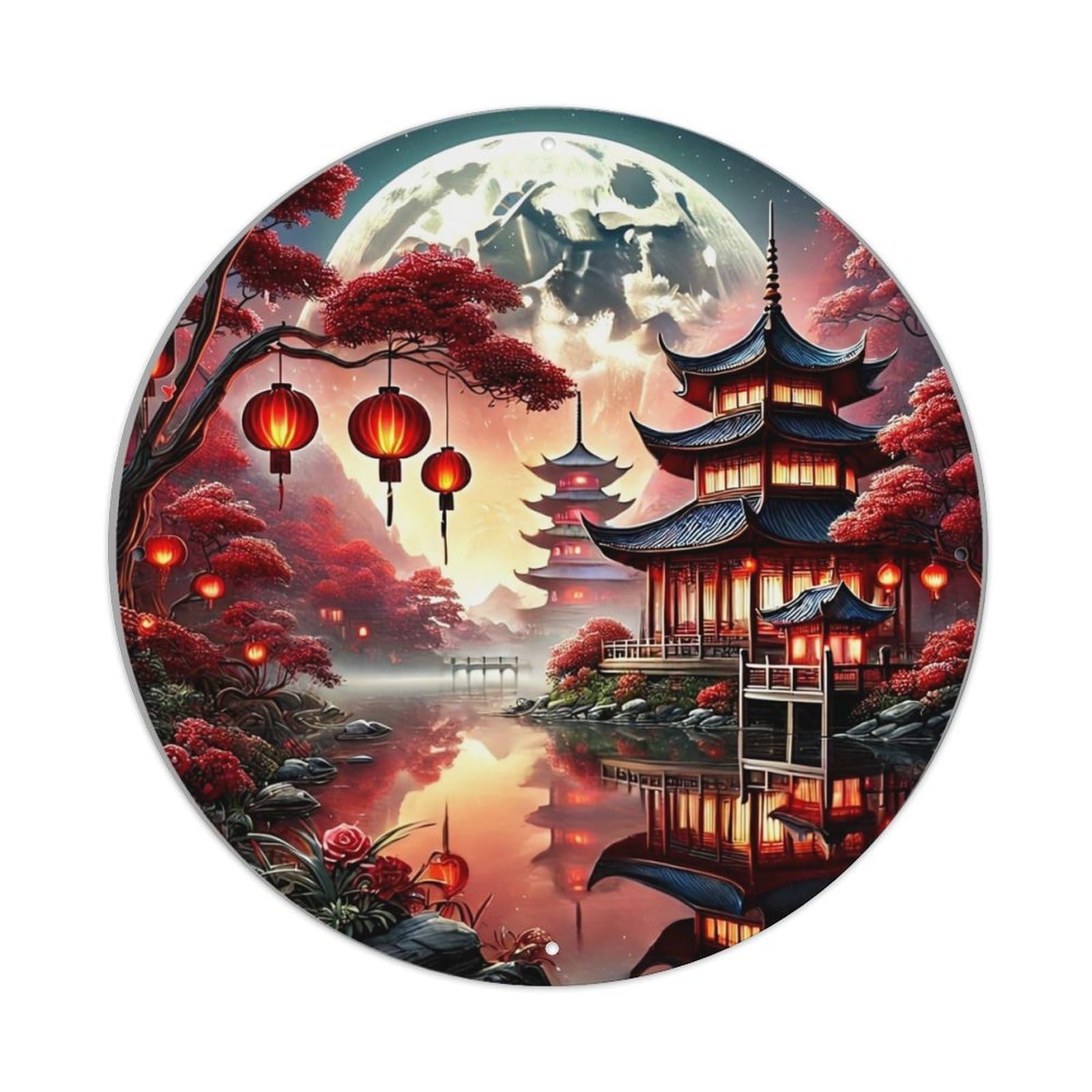 Asian Pagoda Moonlit Red Lanterns Vintage Metal Tin Sign Retro Wall Decor for Home Bar Garage Cafe, Indoor & Outdoor Decorative，circle Metal Poster, 8x8 Inch