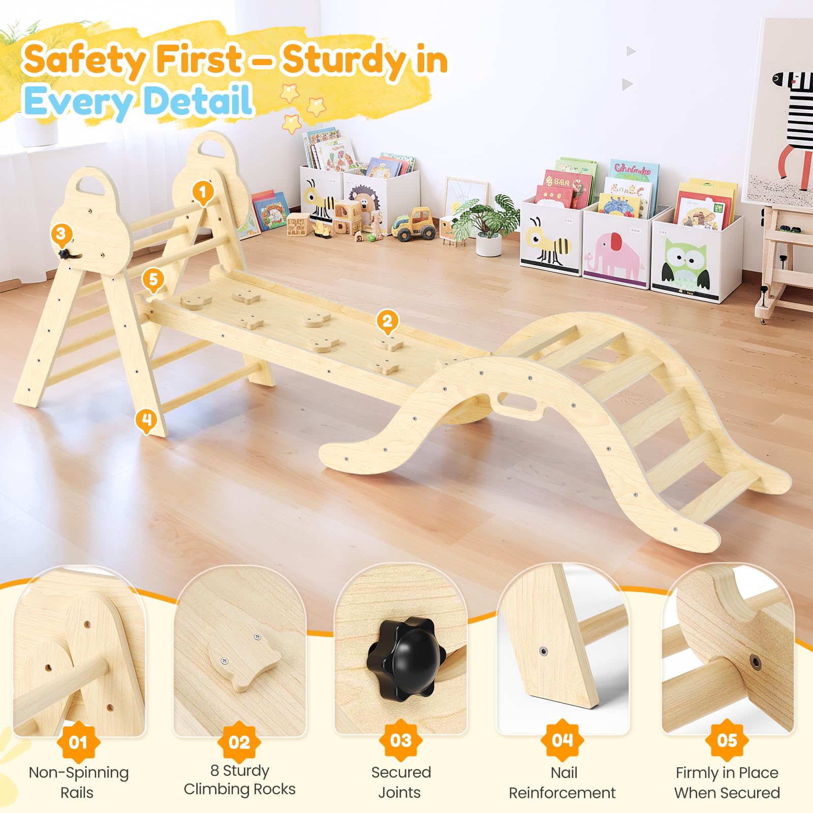 nmoiww Struttura da Arrampicata per Bambini 7 in 1, Scala da Arrampicata in Legno per Bambini con Cuscino Accogliente, Palestra da Gioco Montessori per Interni (Legno-7 in1)