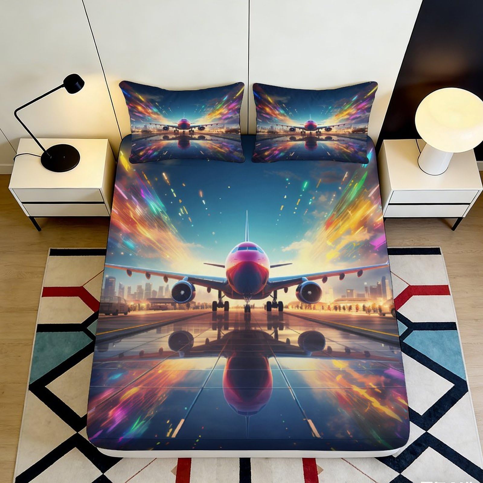 3D Printed Sunset Airplane Fitted Sheet Microfiber Colorful Runway Mattress Cover for Bedroom Dorm Decor 90x200x25cm
