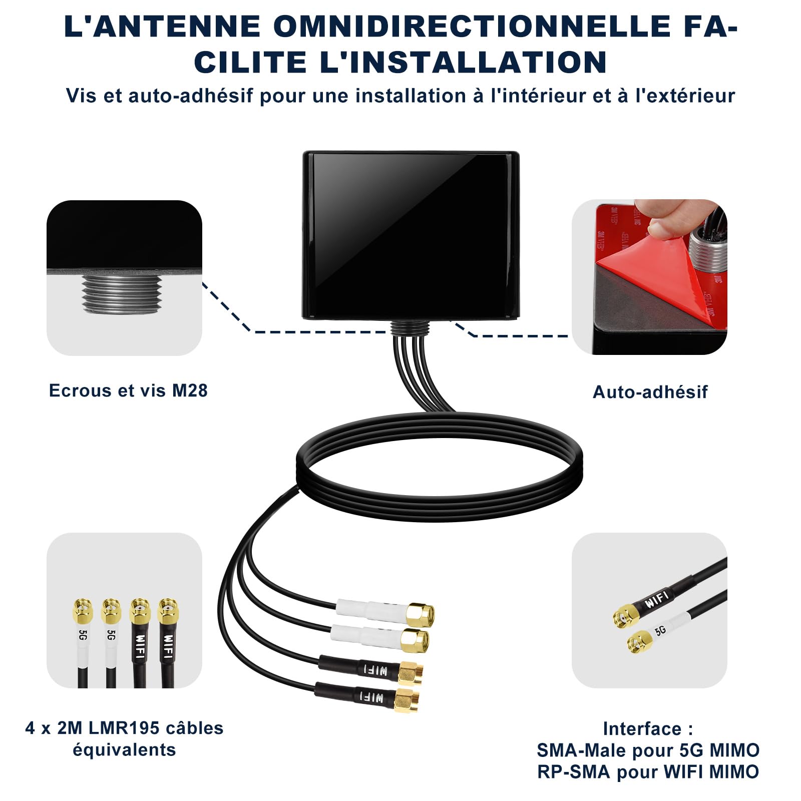 Maswell Antenne 5G 4 en 1, 2 x 2 MIMO 5G + 2 x 2 MIMO WiFi 6 extérieur, antenne extérieure Omni 600-8000 MHz pour WiFi 6E WiFi 7 cellulaire 5G 4G+ LTE-A, équivalent LMR195 SMA mâle RP-SMA