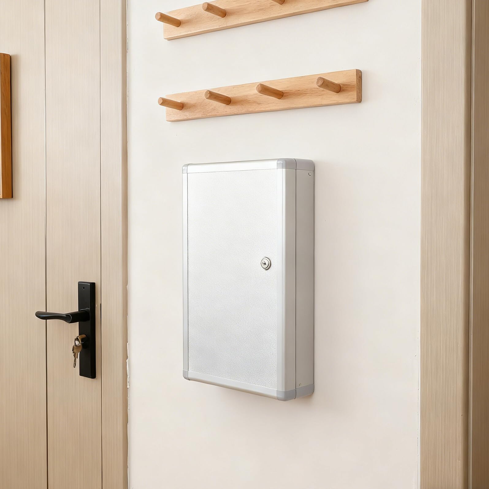 Armoire à Clés Murale Verrouillable pour 48 Clés, Crochets et Étiquettes | Alliage D'aluminium, Mdf et Abs, Boîtier Argenté, pour Entrées D'appartement et Usage Intérieur