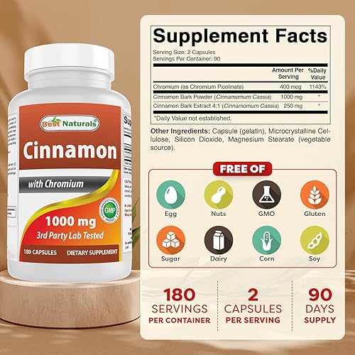 Miniatura 2 de Best Naturals Canela 2000 mg Equivalente con Cromo 400 mcg por porción - Apoyo al metabolismo - 180 Cápsulas