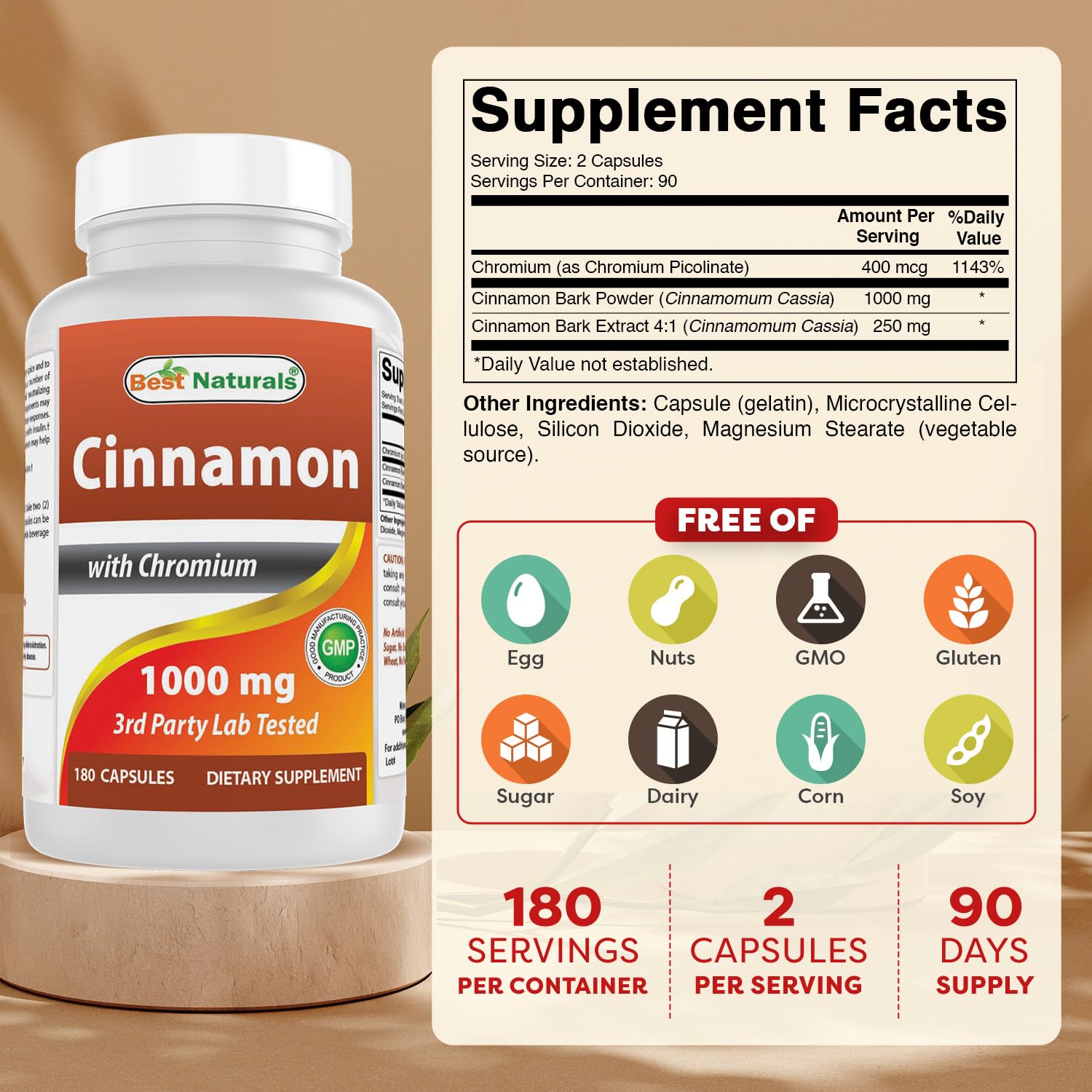 Best Naturals Cinnamon 2000 mg Equivalent with Chromium 400 mcg per Serving - Metabolism Support - 180 Capsules — Amazon image 2