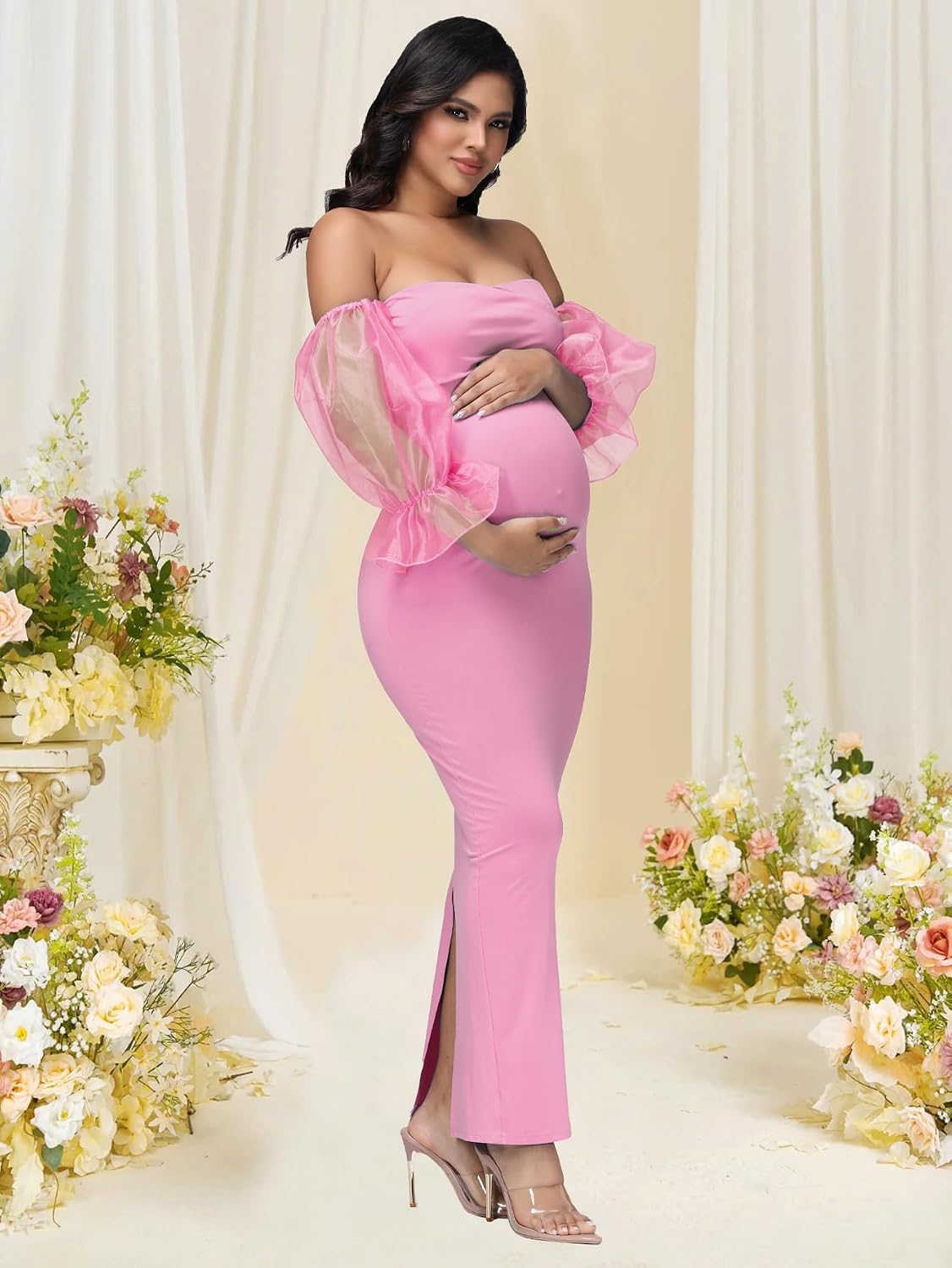 JustVH Maternity Off Shoulder Lantern Sleeves Maxi Baby Shower Dress for Photoshoot Back Split Bodycon Party Long Gown