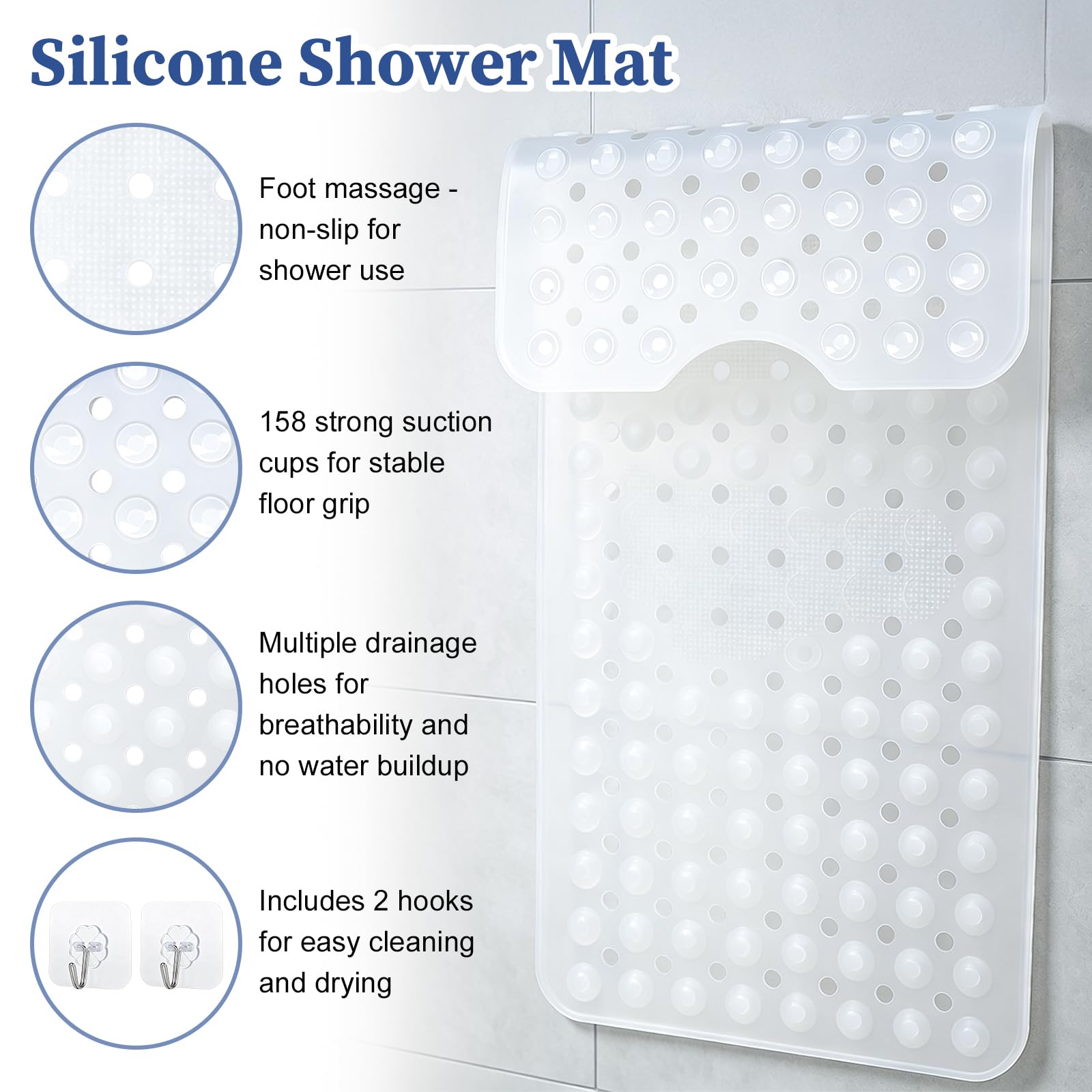 Tapis de Baignoire Antidérapant 92x40cm Silicone avec Ventouses Puissantes sans BPA Lavable en Machine