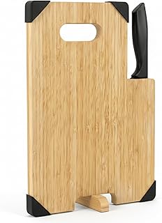 Bamboo Cutting Board with Knife Set, 13.4 x 9.4 Inch Wooden Chopping Board with Built-In Knife Storage, Non-Slip Corner Grips for Meat, Vegetables, Fruit, Cheese & Serving
