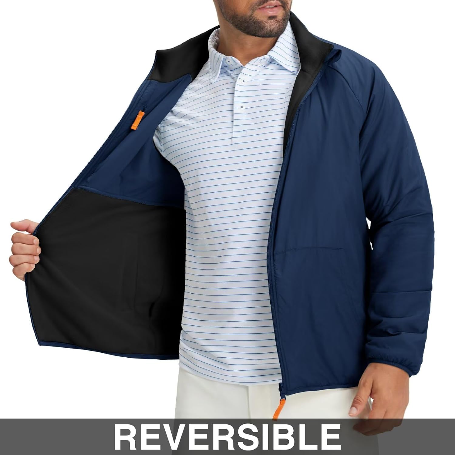 M MAELREG Men's Reversible Fleece Jacket with 5 Pockets Lightweight Zip Up Golf Jackets Winter Warm Casual Coat Windbreaker