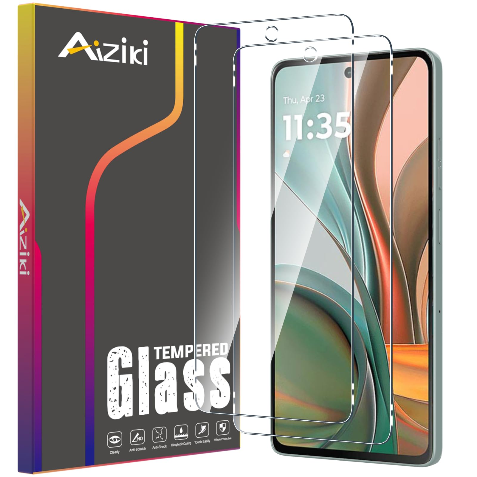 Aiziki Glass Screen Protector For Motorola Moto G75 Tempered Glass Film, Impact-Protection, Anti-Shatter, Anti-Scratch, HD Clear, Bubble Free, [2 Pack] Screen Protectors Moto G75ClimatePartner certified
