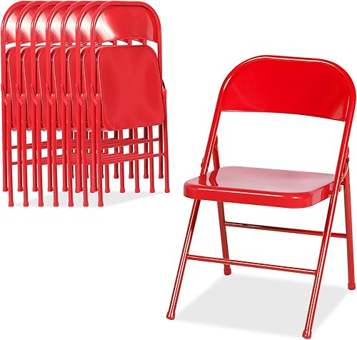VECELO Paquete de 8 sillas plegables de metal con triple refuerzo y respaldo doble con bisagras para oficina en casa, juego de 8, rojo