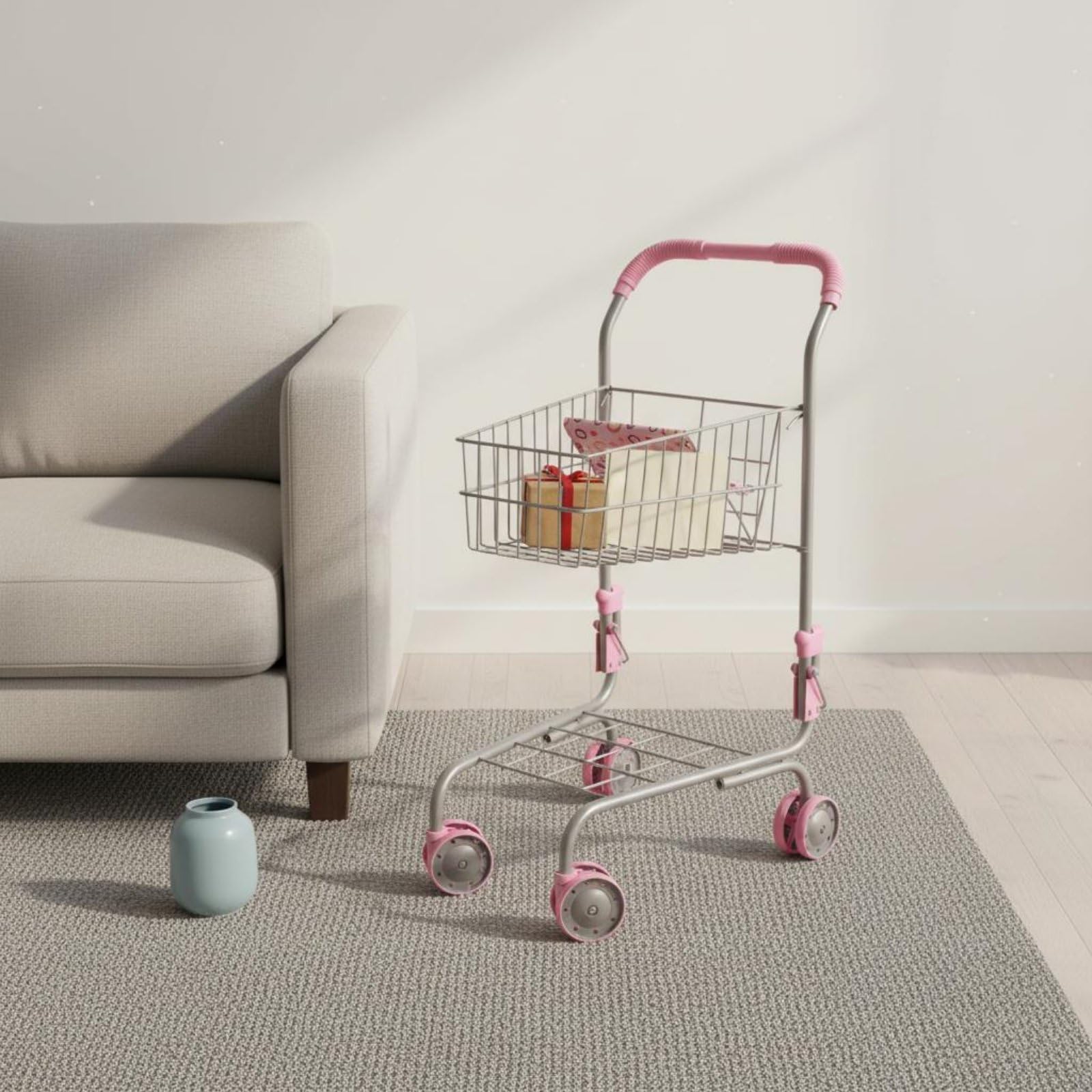 Spielzeug-Einkaufswagen aus Metall realistisches Design Mini-Supermarktwagen einfache Montage Puppen-Einkaufswagen mit Sitz für Kinderzimmer