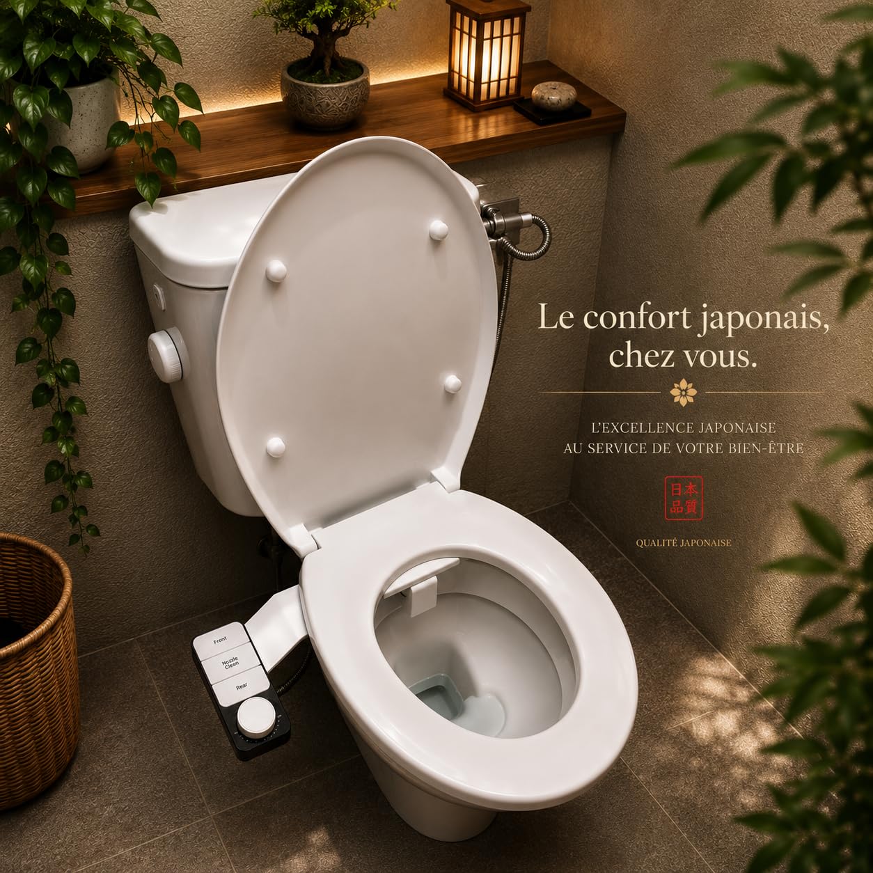 Toilette Japonaise – Kit Bidet WC Japonais Sans Électricité – Double Buse Avant/Arrière Autonettoyante – Bidet Toilette Pression Réglable – Abattant WC lavant hygiène intime facile à installer