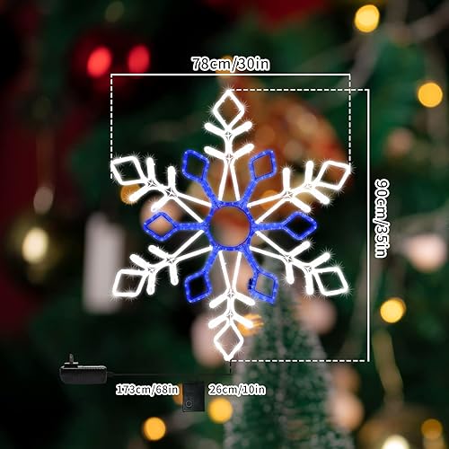 Miniatura 7 de JUSTPRO Grande de 35 x 30 pulgadas 402 LED parpadeantes superbrillantes con diseño de copo de nieve neón LED blanco y azul, decoración de Navidad al