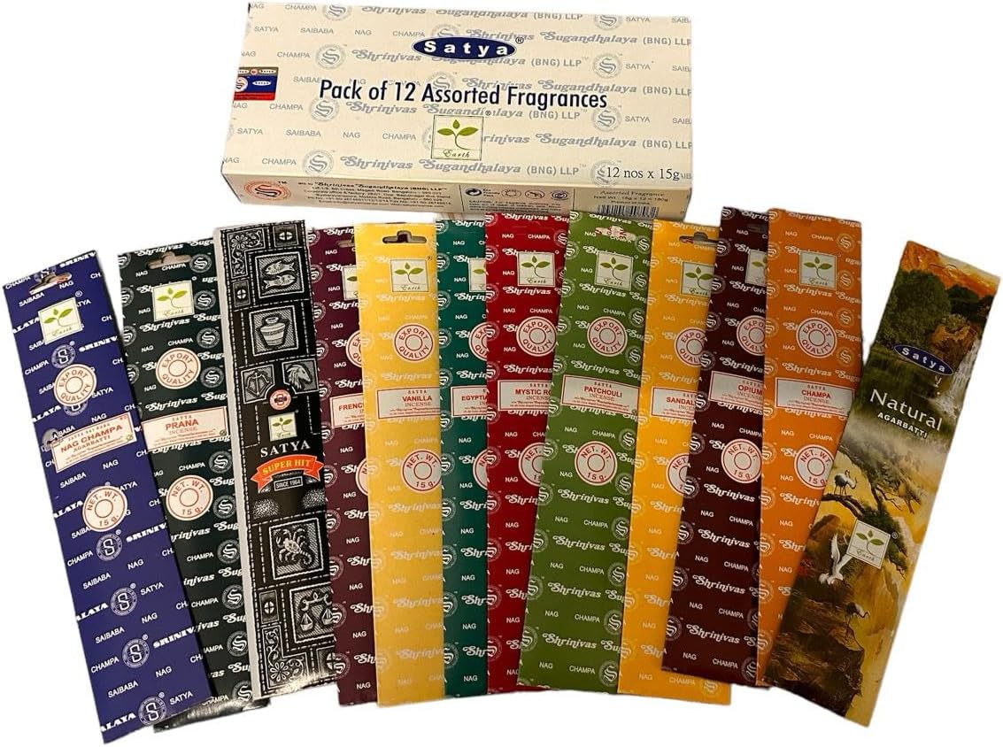 Incense 15g Set of 12 Nag Champa, Super Hit, Sacred Sandalwood, Pure Patchouli, Mystic Rose, Vanilla, Prana, Natural, French Lavender, Opium, Egyptian Jasmine, Champa, VarietyPack01