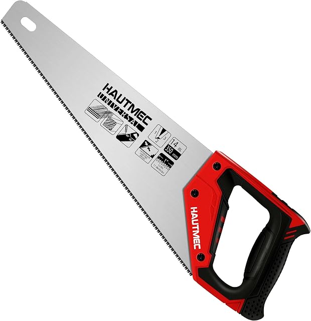 HAUTMEC 14 in. Universal Hand Saw - 11 TPI Fine Cuts Wood Saw - Professional Universal Saws for Wood, Laminate and Plastic - Crosscut Saw, HT0024