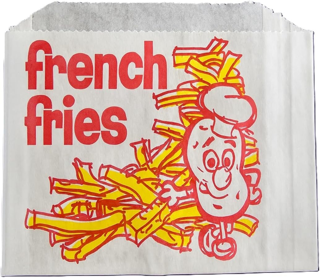 French Fry Bags with Print - Food Service Paper Bags 5.5"x4", Bulk 1000 Count, Restaurant Supplies, Microwave Safe, Made in USA